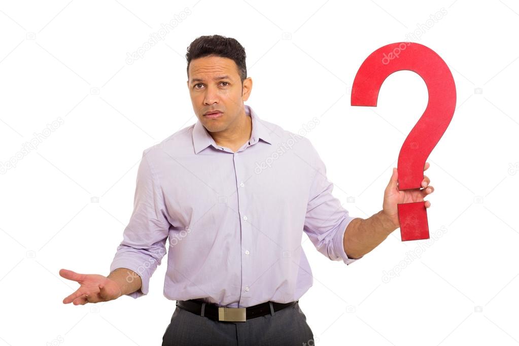 confused man holding question mark