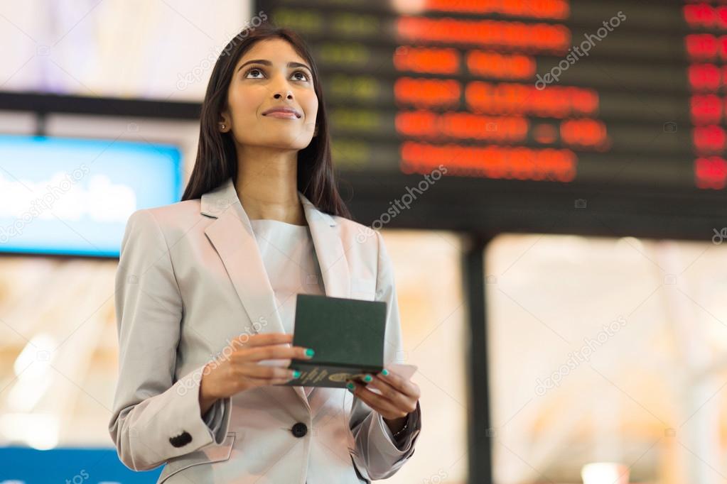 woman checking flight information