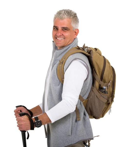 Man with backpack and hiking poles — Stock Photo, Image