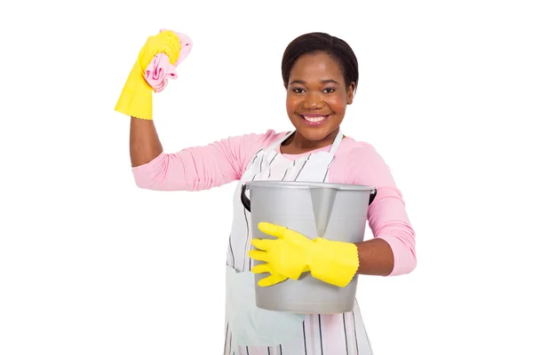 Cleaner holding bucket and cloth — Stock Photo, Image