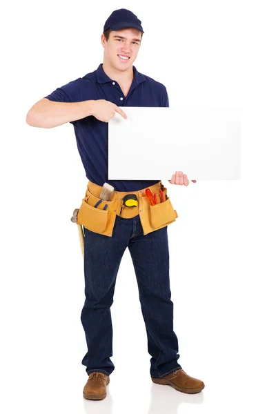 Repairman holding white board — Stock Photo, Image