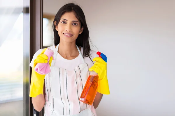 Donna con strumenti di pulizia a casa — Foto Stock