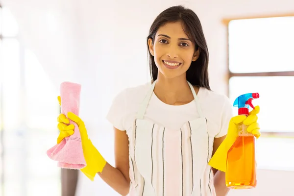 Donna con strumenti di pulizia a casa — Foto Stock