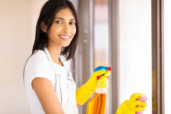 Домохозяйка моет окна стекла Лицензионные Стоковые Фото