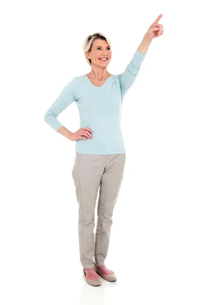 Woman pointing at empty copy space — Stock Photo, Image