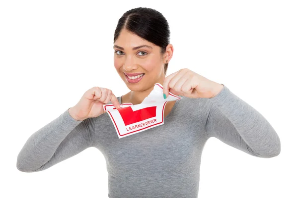 Woman with learner driver sign — Stock Photo, Image