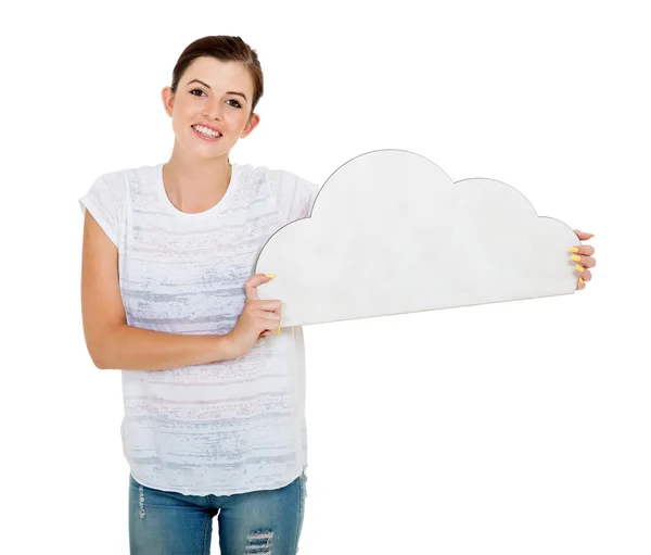Κοπέλα που κρατά χαρτί σύννεφο — Φωτογραφία Αρχείου