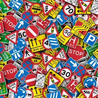 İngiliz yol işaretlerinin ekstra büyük 3D çizimi dur işaretleri, hız limiti işaretleri ve uyarı işaretleri gibi.