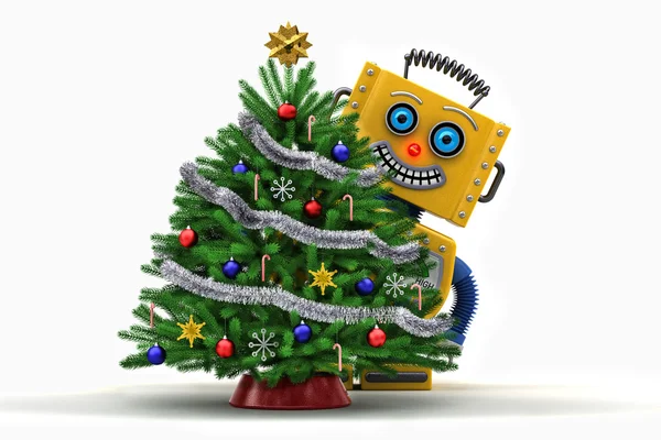 Παιχνίδι ρομπότ που είναι ευχαριστημένοι με το χριστουγεννιάτικο δέντρο — Φωτογραφία Αρχείου