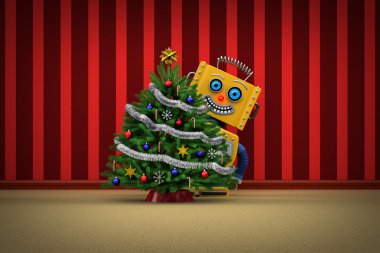 Toy robot happy with christmas tree clipart
