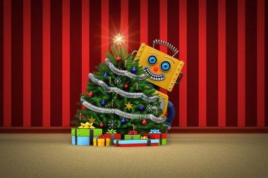 oyuncak robot Noel ağacı ve hediye ile mutlu