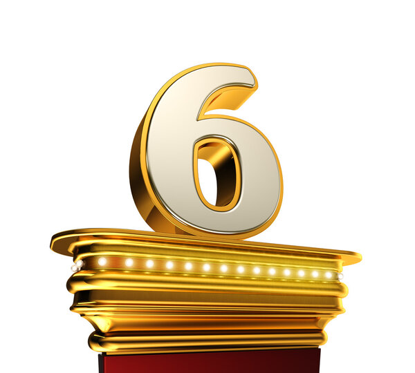 Номер Шесть на золотой платформе над белым
