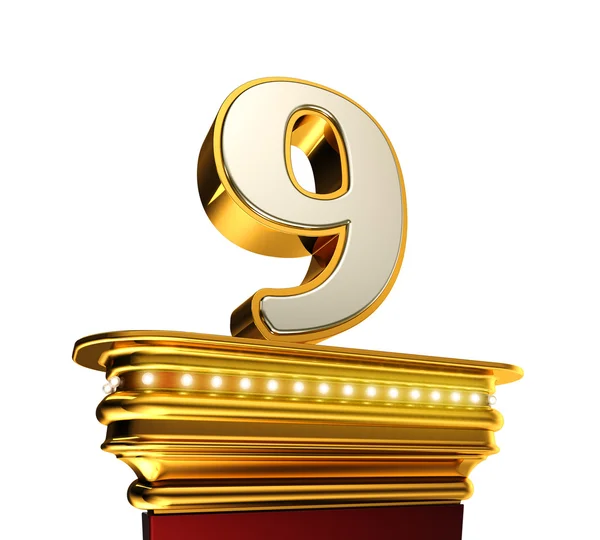 Número nove em uma plataforma dourada sobre branco — Fotografia de Stock