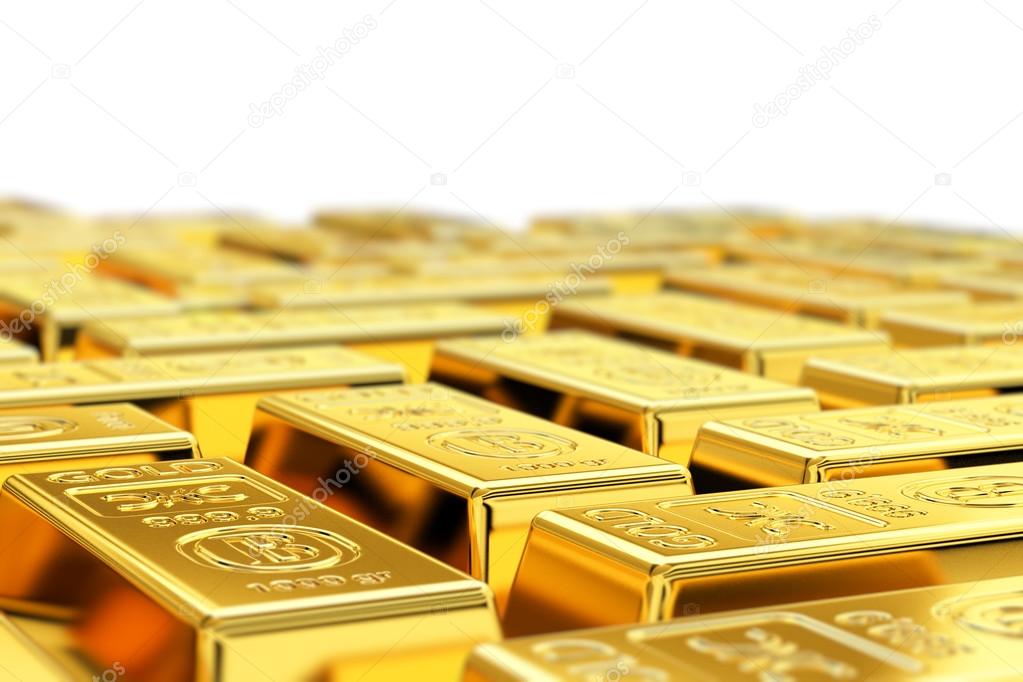 Many gold bars with shallow depth of field. Fictional logo on the gold bars.