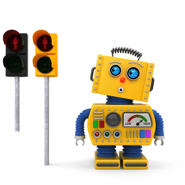 Винтажный игрушечный робот останавливается на светофоре — стоковое фото