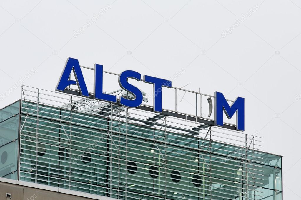 BADEN, SWITZERLAND. November 2nd 2015. Alstom logo on rooftop of thermal power headquarters being removed for merger and acquisition of General Electric.
