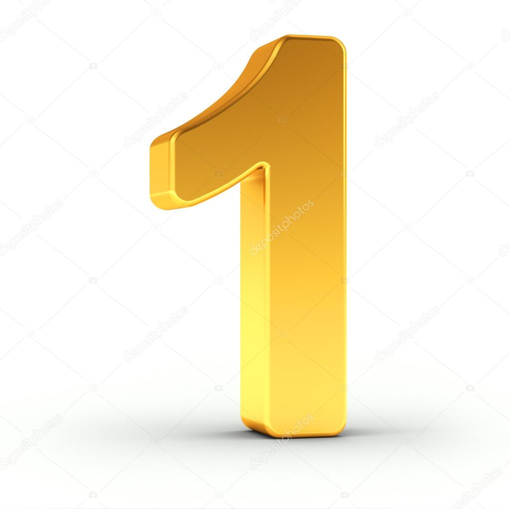 The number one as a polished golden object with clipping path