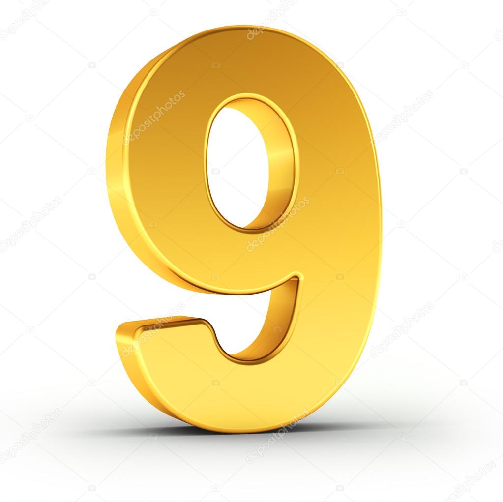 The number nine as a polished golden object with clipping path