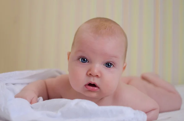 Baby is hiding under the white blanket — Stock Photo, Image