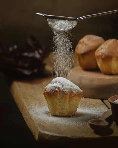 Délicieux Muffin Maison Saupoudrer Sucre Poudre Produits Boulangerie Maison Sains — Photo
