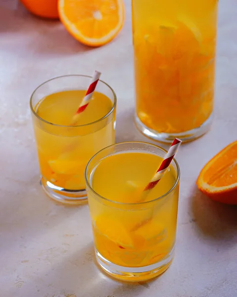 Two Glasses Homemade Orange Lemonade Rustic Style Simple Light Food — Stock Photo, Image