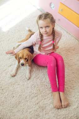 Köpeği olan mutlu bir çocuk. Evcil hayvanlı bir kızın portresi. Beagle bir genci yalıyor..