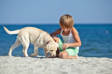 Mutlu çocuk mavi gökyüzüne karşı deniz kıyısında köpeğiyle oynuyor. En iyi arkadaşlar tatilde eğlenir, denize karşı kumsalda oynarlar..