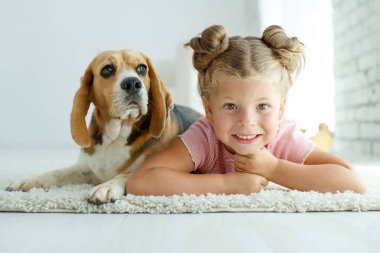 Köpeği olan mutlu bir çocuk. Evcil hayvanlı bir kızın portresi. Beagle bir genci yalıyor..