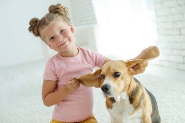 Köpeği olan mutlu bir çocuk. Evcil hayvanlı bir kızın portresi. Beagle bir genci yalıyor..
