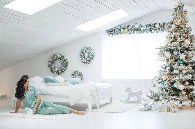 Güzel bir kadın, sıcak ve rahat bir gün Noel iç tasarımı, Noel ağacı süslenmiş.