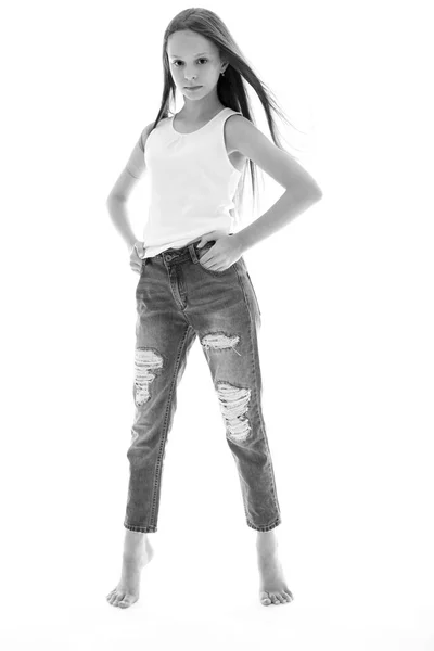 Beautiful child. Little girl in black and white studio. — Stock Photo, Image