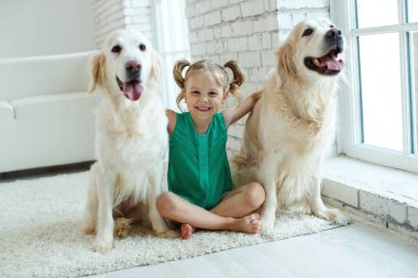 Köpeği olan mutlu bir çocuk. Evcil hayvanlı bir kızın portresi. Labrador Retriever evde. 