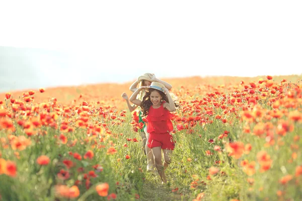 Group of happy children playing outdoors. Children have fun in the spring park. Girls run in the field with poppies. — Stock Photo, Image