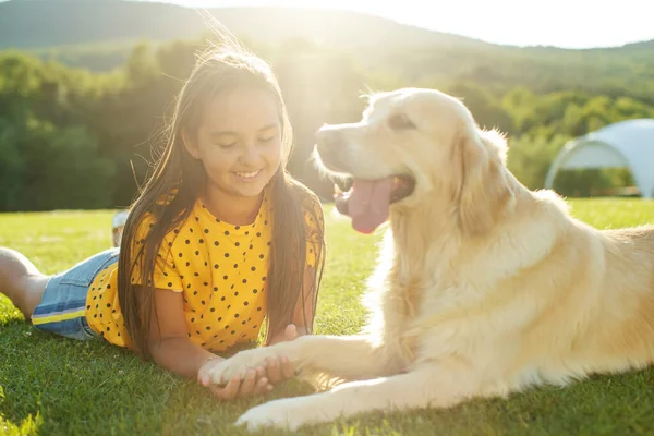 A child with a dog. A child plays with a dog in nature. — Stock Photo, Image