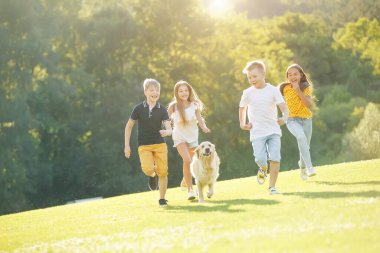 Bir bahar parkında yeşil çimlerde köpekle oynayan bir grup mutlu çocuk..