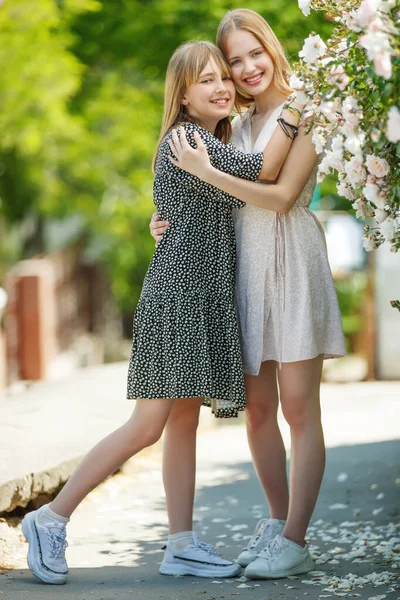 여자 친구 자매들은 자연 속에서 포옹 한다. — 스톡 사진