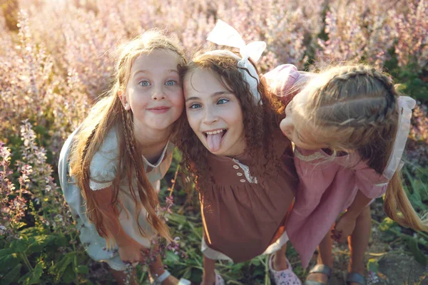 女の子のガールフレンドで花のある分野で — ストック写真