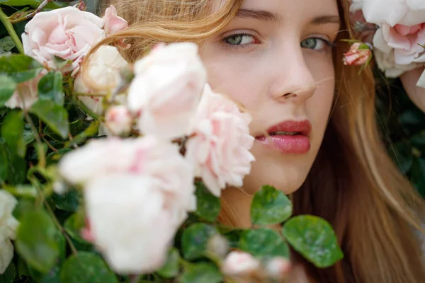 Schöne junge Frau riecht eine Rosenblume — Stockfoto