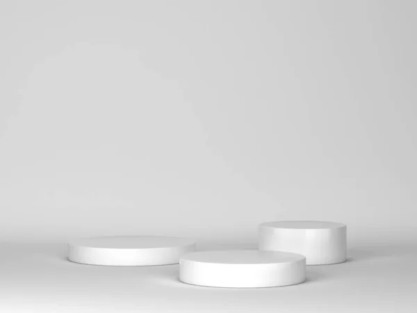Blanco Witte Podia Minimale Scène Illustratie Drie Cilindersokkels Als Vitrine — Stockfoto