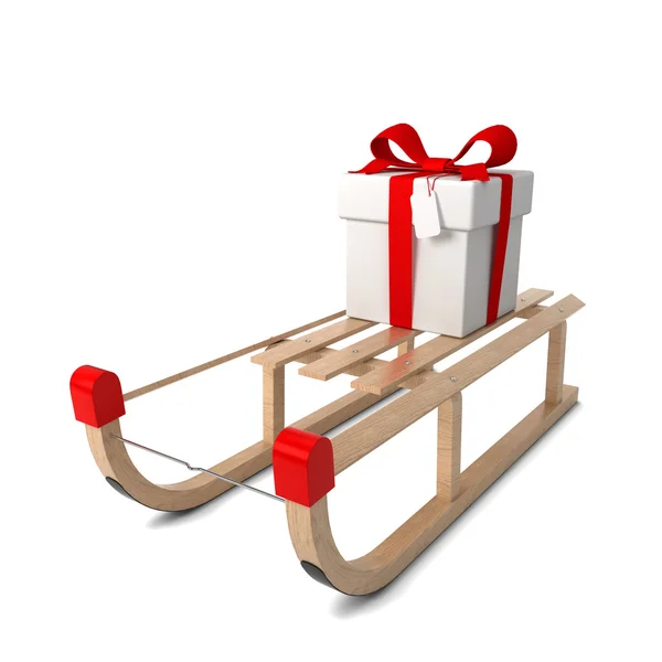 Wooden sledges with gift box — Stock Photo, Image