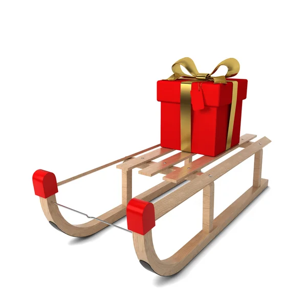 Wooden sledges with gift box — Stock Photo, Image