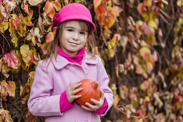 古い要塞で楽しみを持っているカボチャとピンクのジャケットの女の子 秋の日 — ストック写真