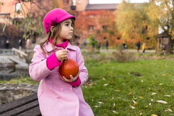 Bambina Giacca Rosa Con Zucca Che Diverte Nella Vecchia Fortezza — Foto Stock