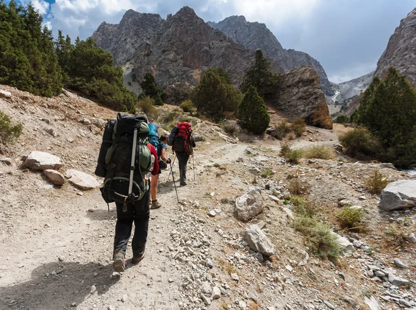yüksek dağlarda yürüyüş yapanlar.