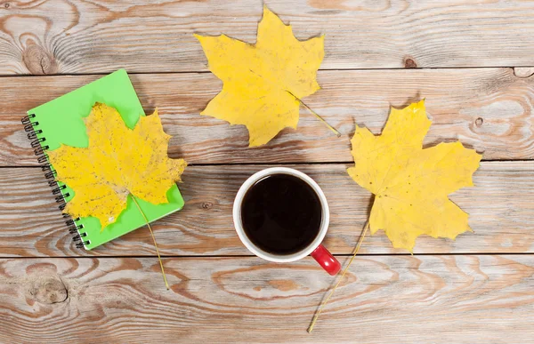 Coffee cup, notebook and autumn leaves — Stock Photo, Image