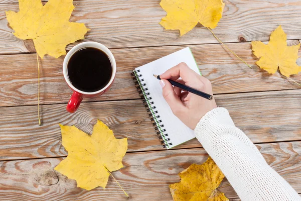 Scrittura a mano femminile nel taccuino vicino alla tazza di caffè — Foto Stock