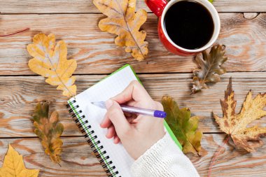 Kahve fincanı, defter ve sonbahar yaprakları