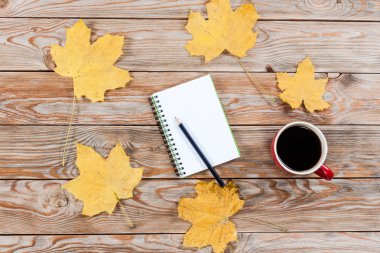 Kahve fincanı, defter ve sonbahar yaprakları