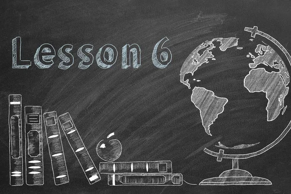 レッスン6 と書かれた世界と学校の本は黒板にチョークで描かれています 教育の概念 第六編十人 — ストック写真
