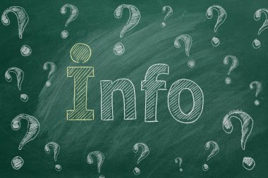 Yeşil karatahtaya tebeşirle yazılmış INFO ve soru işaretleri. Bilgi desteği, müşteri desteği. SSS konsepti